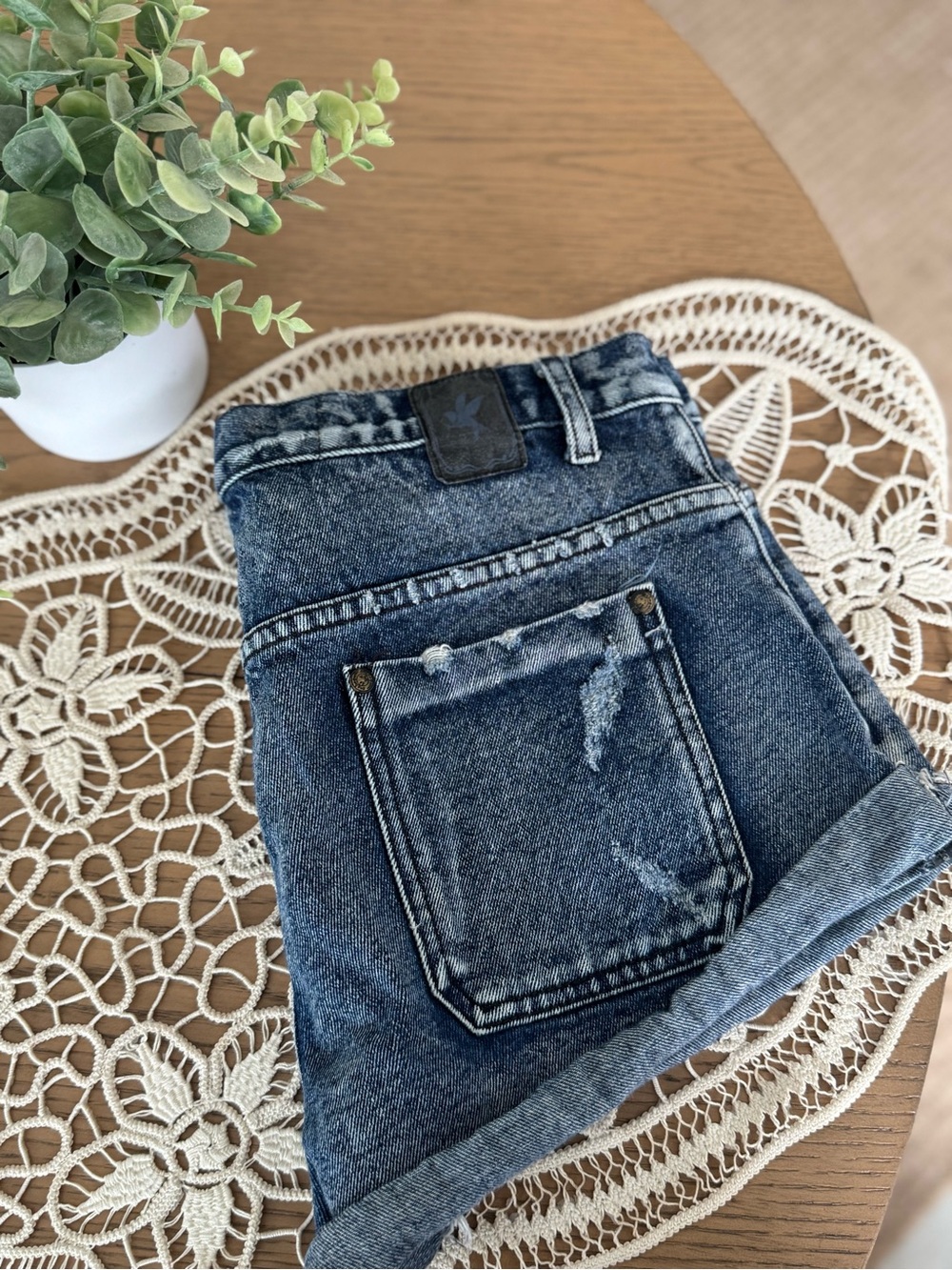 One Teaspoon Denim Roll Cuff Shorts Dark Wash Distressed Low Rise Jean Shorts